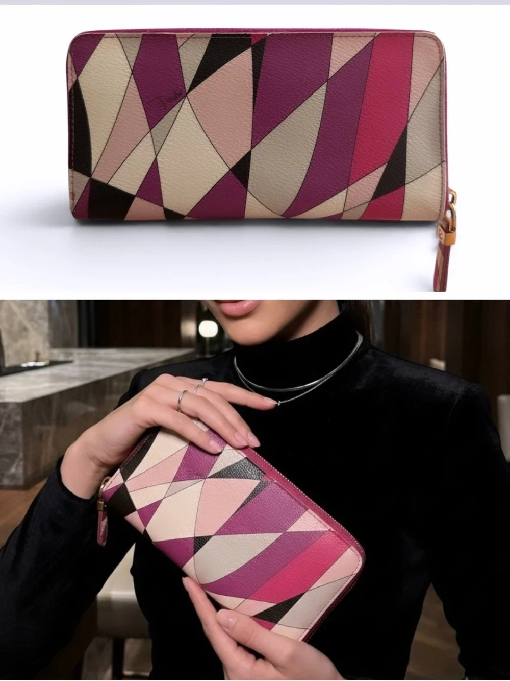 Emilio Pucci Leather Continental Long Zip Wallet Pink Purple Abstract